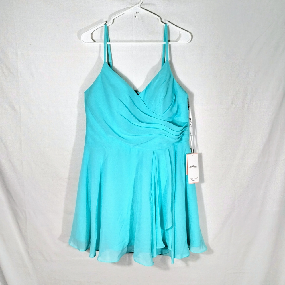 JJs House Aqua Blue Above Knee Chiffon Dress Custom Fit 14/16 Spring Wedding Nwt
